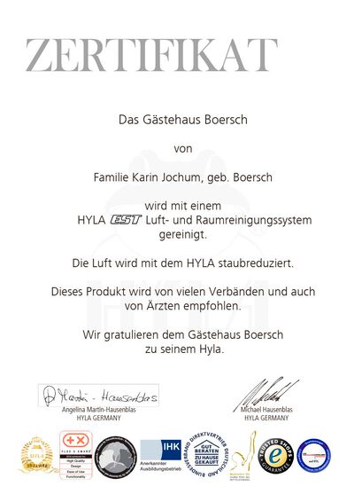 HYLA EST Luft- und Raumreinigungssystem Zertifikat für Gästehaus Boersch